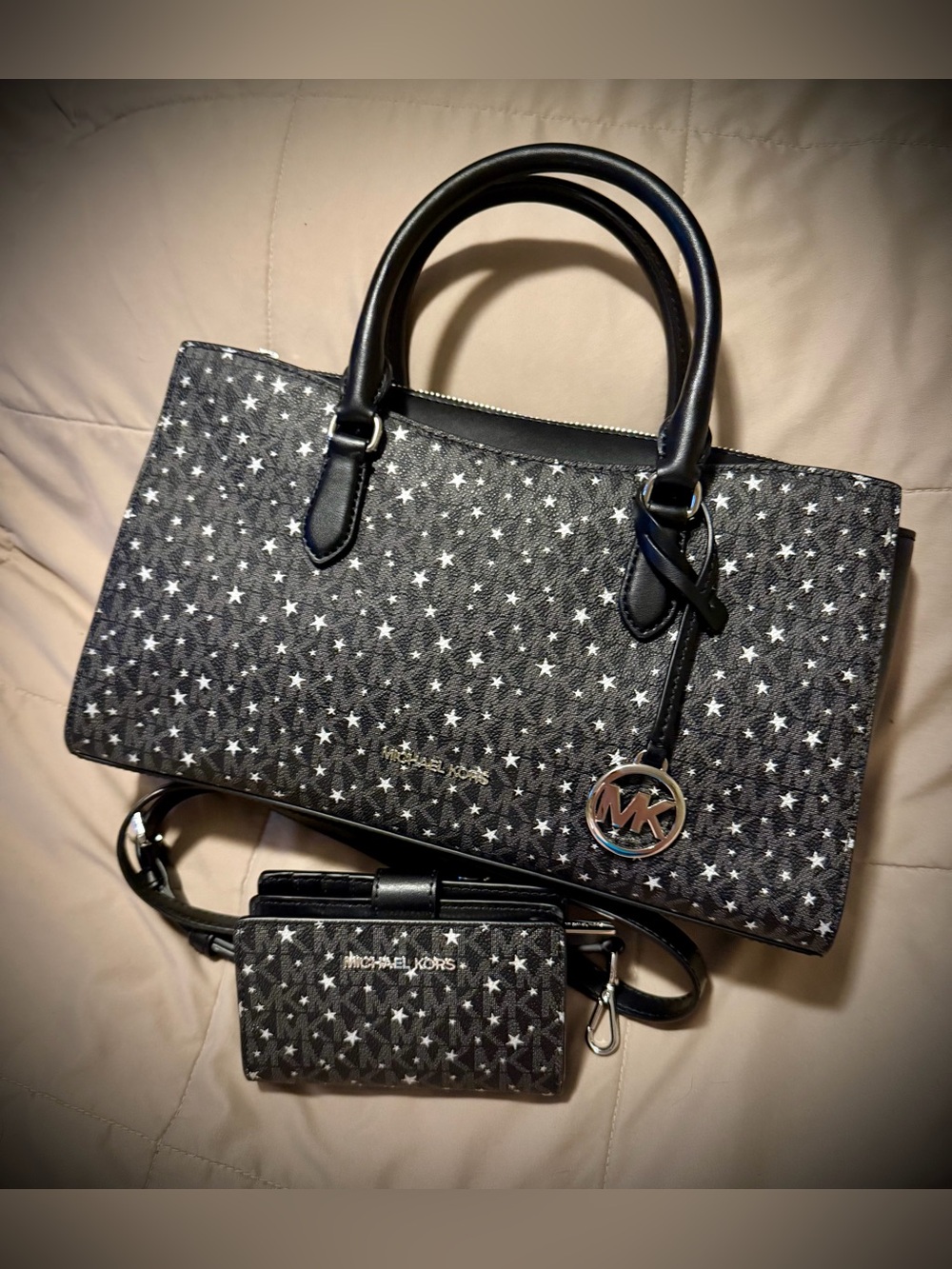 Michael Kors Black Star-Print Arden Leather Satchel with matching wallet